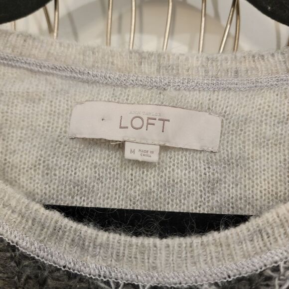 LOFT Plaid Gray Color Block Mohair Blend Crewneck Pullover Sweater Size Medium - Picture 11 of 12